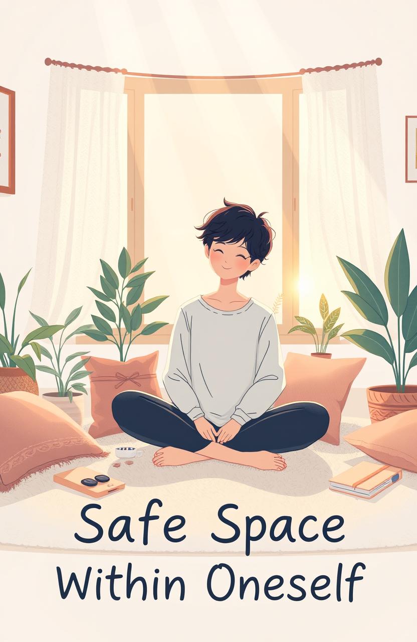 An introspective and serene illustration representing the concept of mental health and self-care, titled 'Safe Space Within Oneself'