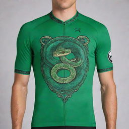 A vivid green jersey featuring a stunning, intricate snake as its logo.