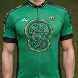 A vivid green jersey featuring a stunning, intricate snake as its logo.