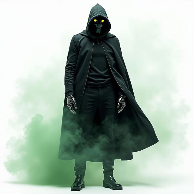 A mysterious man wearing a shiny round all-black mask, with glowing yellow glass eyes and no mouth