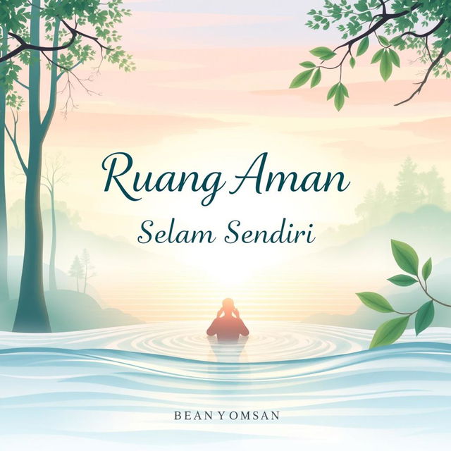 A beautiful and calming book cover design for a story titled "Ruang Aman Dalam Diri Sendiri"