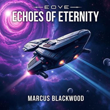 A dramatic book cover design for 'Echoes of Eternity' by Marcus Blackwood, featuring a massive starship soaring through the cosmos