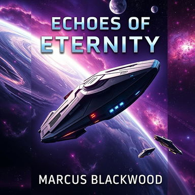 A dramatic book cover design for 'Echoes of Eternity' by Marcus Blackwood, featuring a massive starship soaring through the cosmos