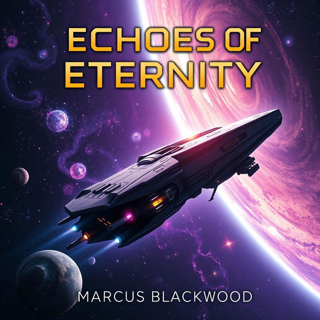 A dramatic book cover design for 'Echoes of Eternity' by Marcus Blackwood, featuring a massive starship soaring through the cosmos