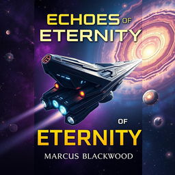 A dramatic book cover design for 'Echoes of Eternity' by Marcus Blackwood, featuring a massive starship soaring through the cosmos