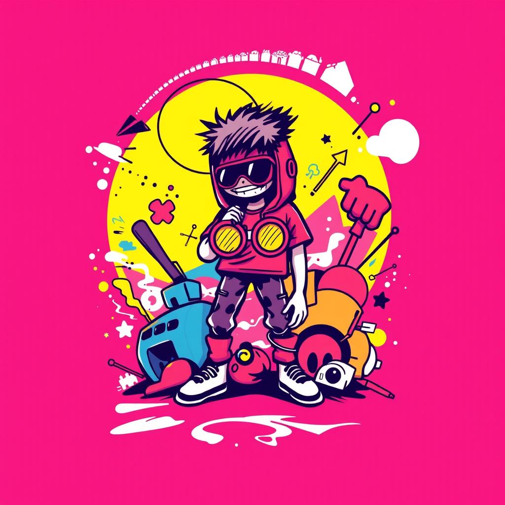 A vibrant graphic tee shirt design featuring bold, stylized illustrations that appeal to teens and young adults