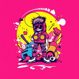 A vibrant graphic tee shirt design featuring bold, stylized illustrations that appeal to teens and young adults