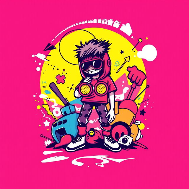 A vibrant graphic tee shirt design featuring bold, stylized illustrations that appeal to teens and young adults