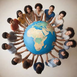 A circle of diverse people, each holding a unique book, with a slowly spinning globe in the center