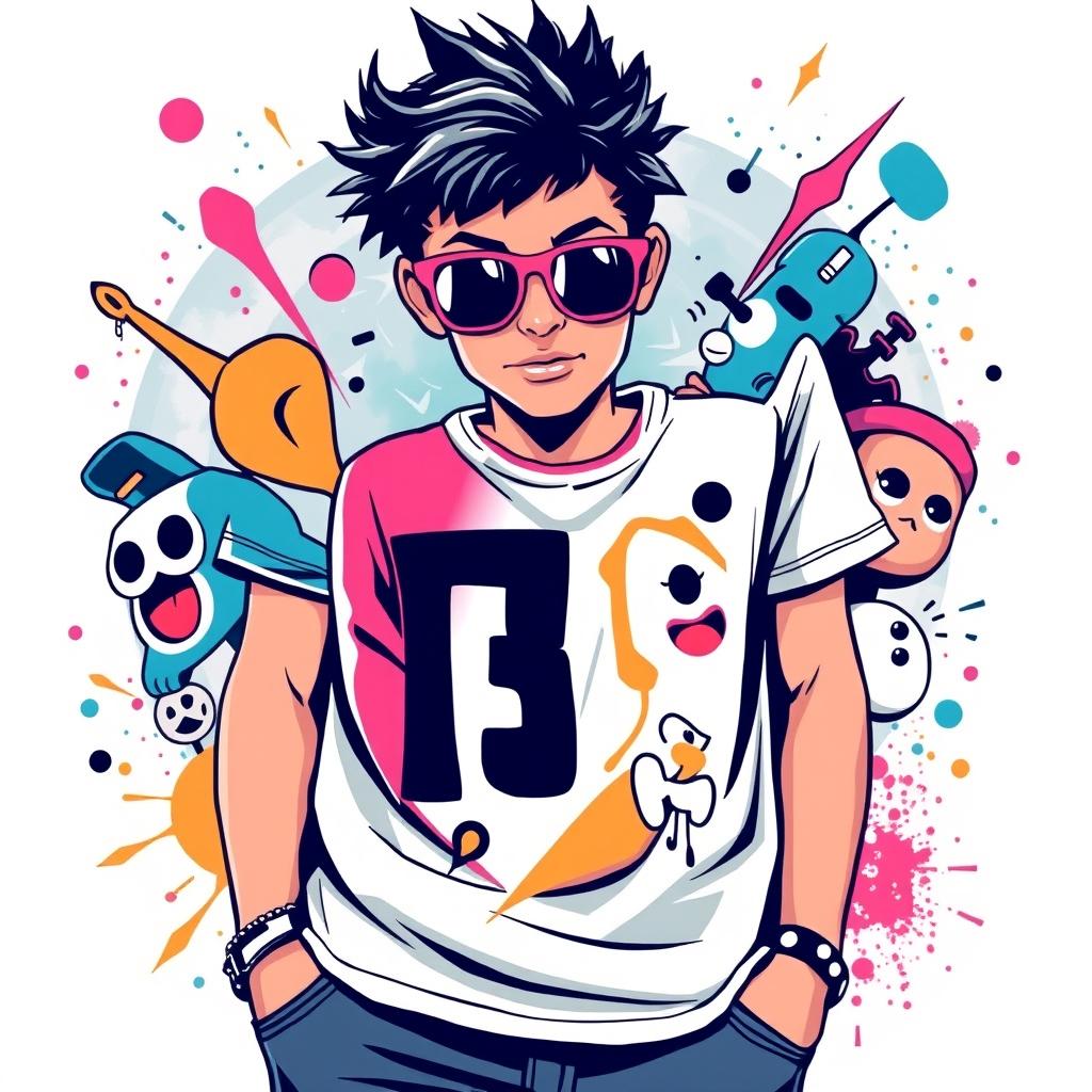 A vibrant graphic tee shirt design featuring bold, stylized illustrations that appeal to teens and young adults