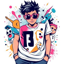 A vibrant graphic tee shirt design featuring bold, stylized illustrations that appeal to teens and young adults