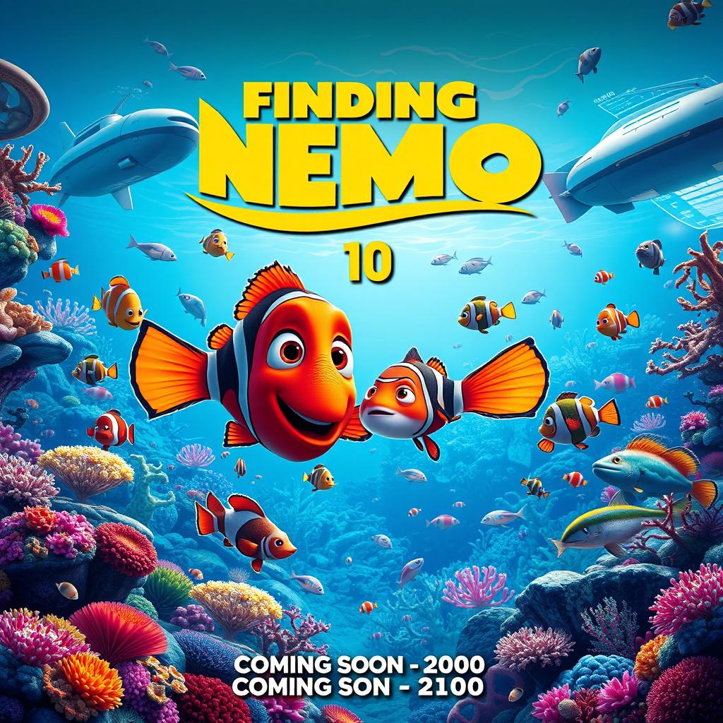 A vibrant and colorful movie poster for 'Finding Nemo 10', depicting a futuristic underwater scene filled with diverse marine life, including a variety of fish, corals, and underwater plants