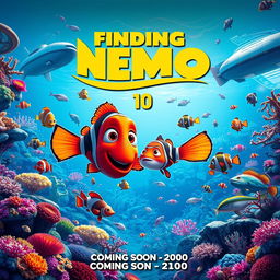 A vibrant and colorful movie poster for 'Finding Nemo 10', depicting a futuristic underwater scene filled with diverse marine life, including a variety of fish, corals, and underwater plants