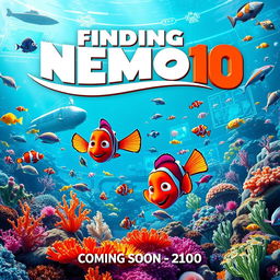 A vibrant and colorful movie poster for 'Finding Nemo 10', depicting a futuristic underwater scene filled with diverse marine life, including a variety of fish, corals, and underwater plants