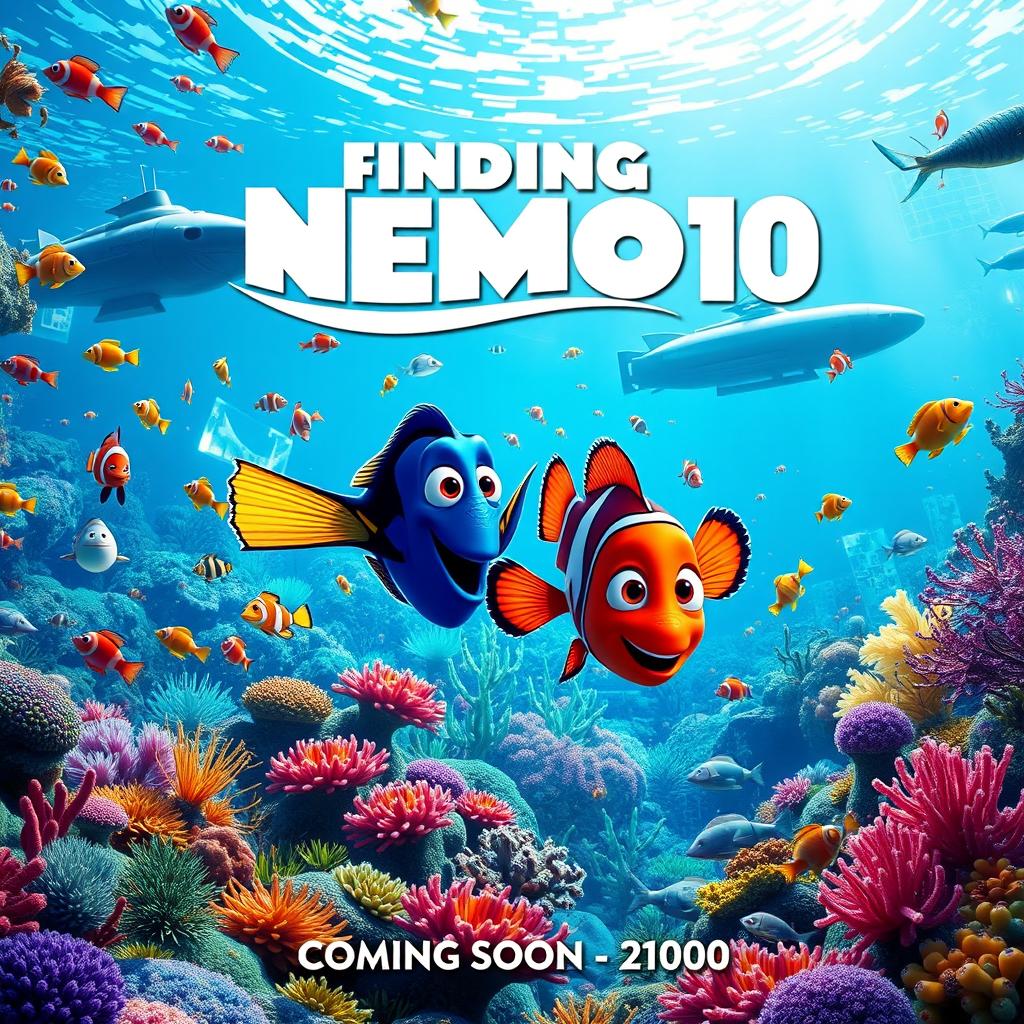 A vibrant and colorful movie poster for 'Finding Nemo 10', depicting a futuristic underwater scene filled with diverse marine life, including a variety of fish, corals, and underwater plants