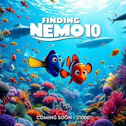 A vibrant and colorful movie poster for 'Finding Nemo 10', depicting a futuristic underwater scene filled with diverse marine life, including a variety of fish, corals, and underwater plants