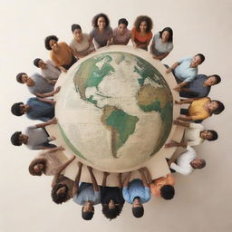 A circle of diverse people, each holding a unique book, with a slowly spinning globe in the center