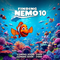 A vibrant and colorful movie poster for 'Finding Nemo 10', depicting a futuristic underwater scene filled with diverse marine life, including a variety of fish, corals, and underwater plants