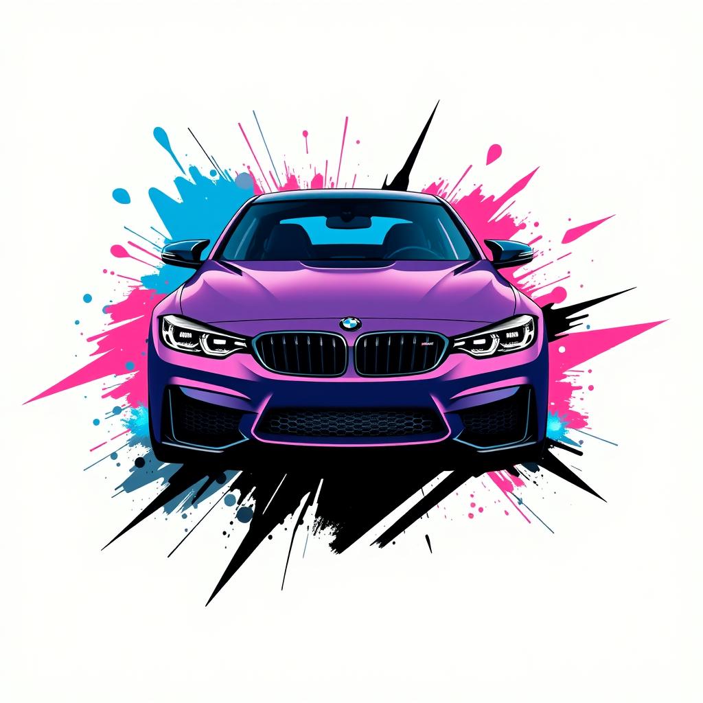 A bold graphic t-shirt design featuring a 2024 BMW M4 Competition, illustrated in a striking street art style with a focus on 1-2 vibrant colors such as electric blue and neon pink