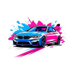 A bold graphic t-shirt design featuring a 2024 BMW M4 Competition, illustrated in a striking street art style with a focus on 1-2 vibrant colors such as electric blue and neon pink