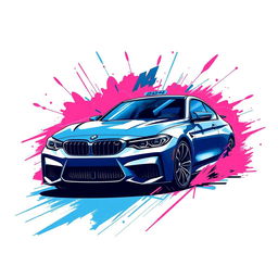 A bold graphic t-shirt design featuring a 2024 BMW M4 Competition, illustrated in a striking street art style with a focus on 1-2 vibrant colors such as electric blue and neon pink