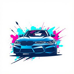 A bold graphic t-shirt design featuring a 2024 BMW M4 Competition, illustrated in a striking street art style with a focus on 1-2 vibrant colors such as electric blue and neon pink