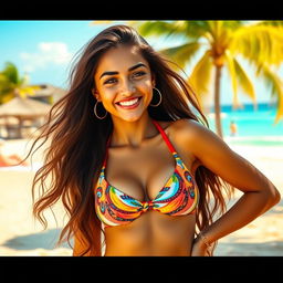 A vibrant and sunny beach scene featuring a young Brazilian woman confidently posing in a stylish bikini