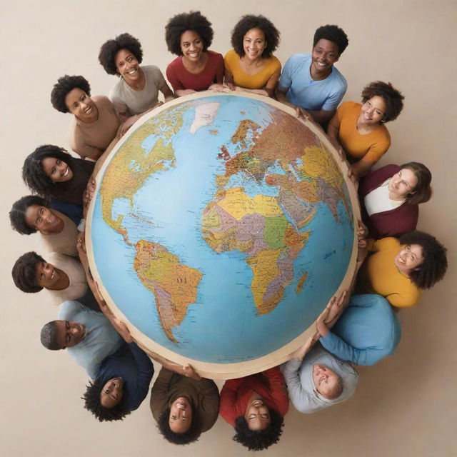 A circle of diverse people, each holding a unique book, with a slowly spinning globe in the center