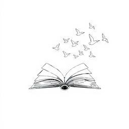 A minimalist black and white drawing of an open book with its pages transforming into flying birds, symbolizing freedom and the expansion of ideas and emotions through writing