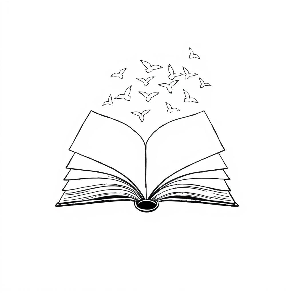 A minimalist black and white drawing of an open book with its pages transforming into flying birds, symbolizing freedom and the expansion of ideas and emotions through writing