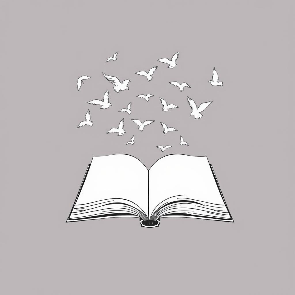 A minimalist black and white drawing of an open book with its pages transforming into flying birds, symbolizing freedom and the expansion of ideas and emotions through writing