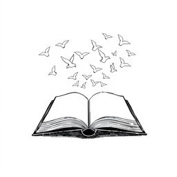 A minimalist black and white drawing of an open book with its pages transforming into flying birds, symbolizing freedom and the expansion of ideas and emotions through writing