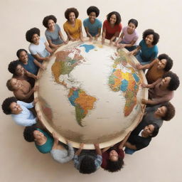 A circle of diverse people, each holding a unique book, with a slowly spinning globe in the center