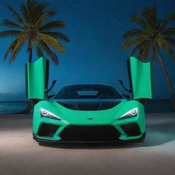 A Zenvo Aurora Hypercar with its doors swung open, parked on a Maldivian beach under a neon-green night sky. Illuminations come from the car's interior, casting light on the nearby palm trees and shimmering turquoise waters.