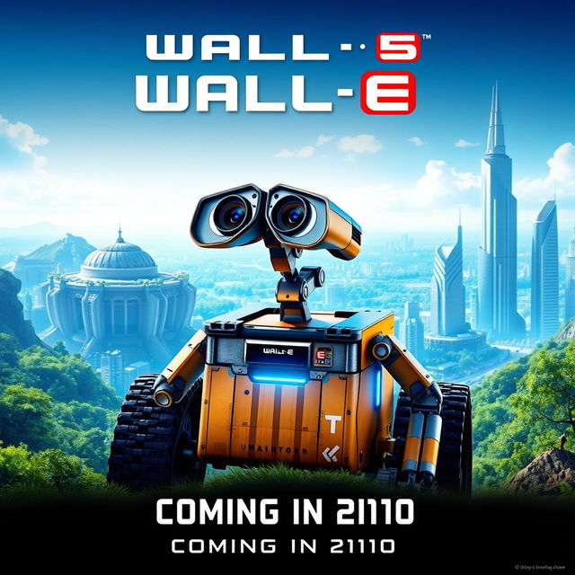 A futuristic movie poster for "WALL-E 5" featuring a sleek, advanced version of WALL-E, designed with shiny chrome accents and glowing blue elements