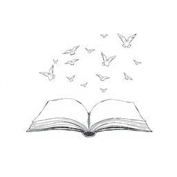 A poetic minimalist black and white drawing of an open book, with its pages transforming into flying birds