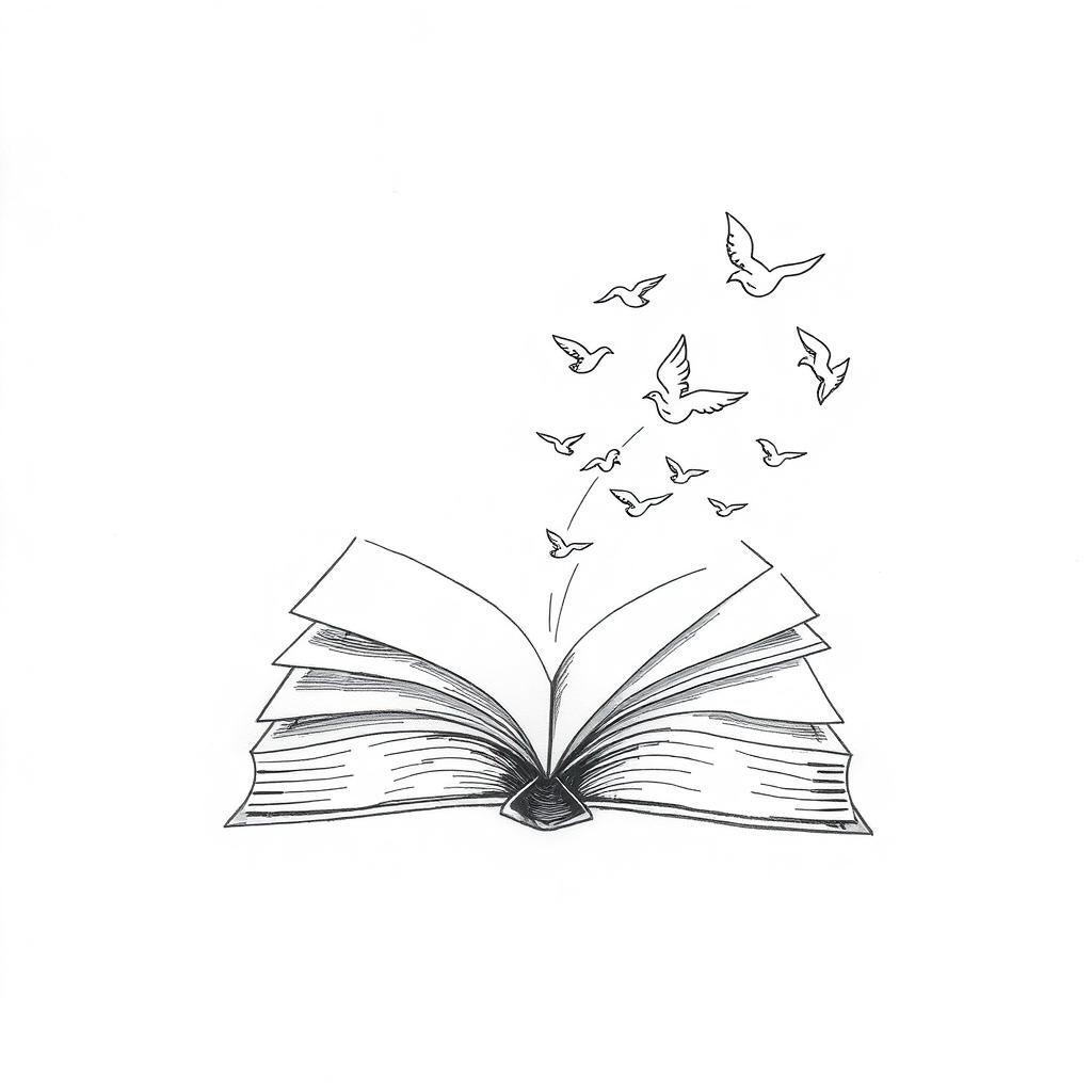 A poetic minimalist black and white drawing of an open book, with its pages transforming into flying birds