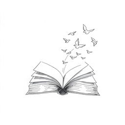 A poetic minimalist black and white drawing of an open book, with its pages transforming into flying birds