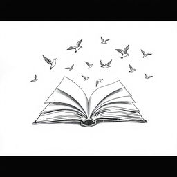 A poetic minimalist black and white drawing of an open book, with its pages transforming into flying birds