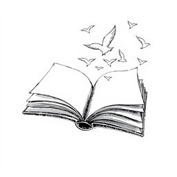 A poetic minimalist black and white drawing of an open book, with its pages transforming into flying birds