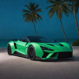 A Zenvo Aurora Hypercar with its doors swung open, parked on a Maldivian beach under a neon-green night sky. Illuminations come from the car's interior, casting light on the nearby palm trees and shimmering turquoise waters.