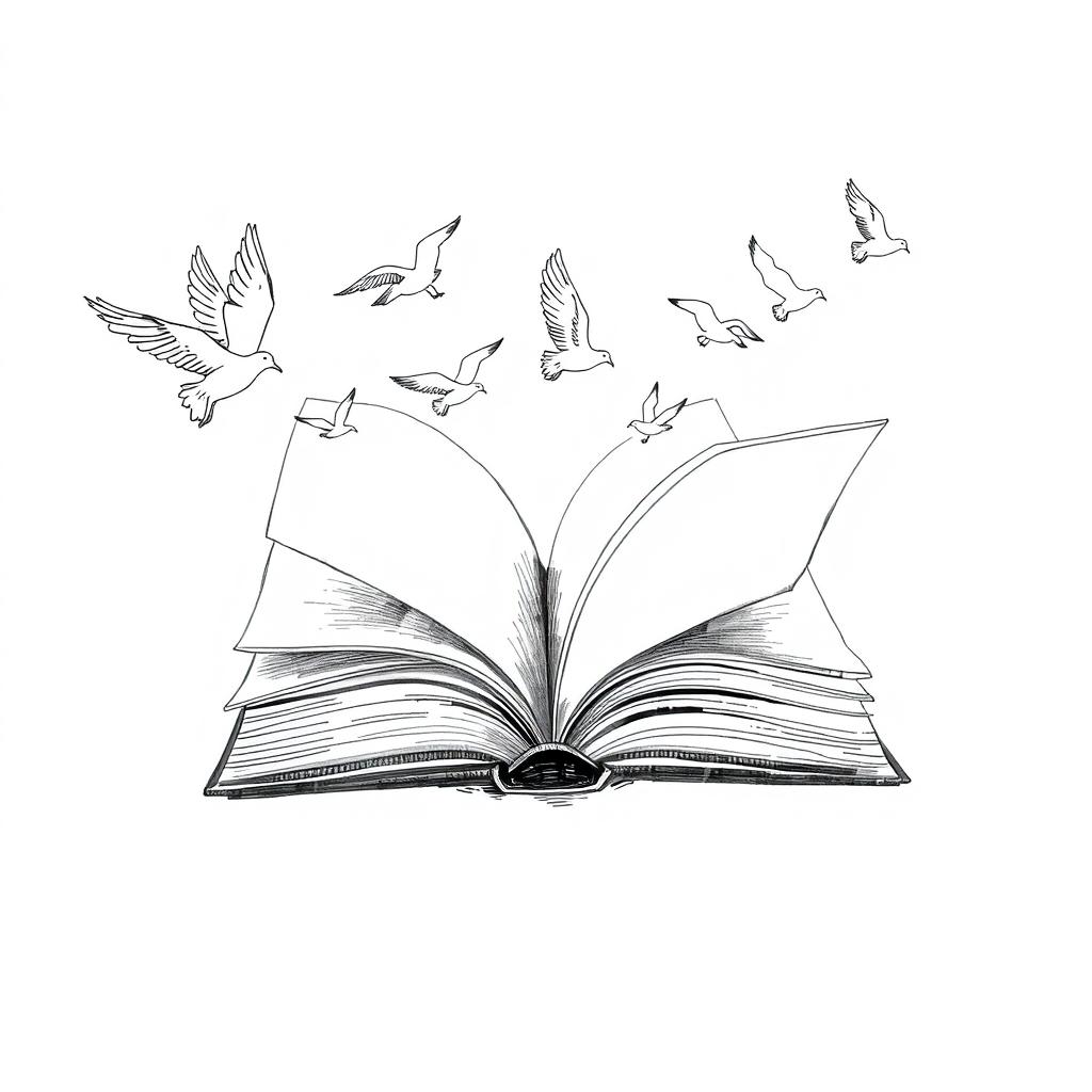 A poetic black and white drawing of an open book, with its pages transforming into flying birds, symbolizing freedom and the expansion of ideas and emotions through writing