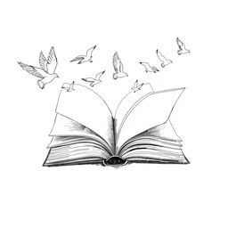 A poetic black and white drawing of an open book, with its pages transforming into flying birds, symbolizing freedom and the expansion of ideas and emotions through writing