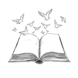 A poetic black and white drawing of an open book, with its pages transforming into flying birds, symbolizing freedom and the expansion of ideas and emotions through writing