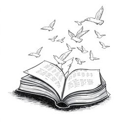 A poetic black and white drawing of an open book, with its pages transforming into flying birds, symbolizing freedom and the expansion of ideas and emotions through writing