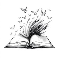 A poetic black and white drawing of an open book, with its pages transforming into flying birds, symbolizing freedom and the expansion of ideas and emotions through writing