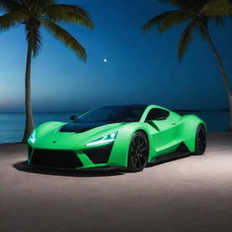 A Zenvo Aurora Hypercar with its doors swung open, parked on a Maldivian beach under a neon-green night sky. Illuminations come from the car's interior, casting light on the nearby palm trees and shimmering turquoise waters.