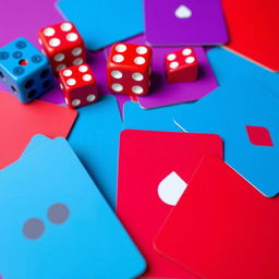 A collection of flat colored dice and playing cards, featuring vibrant hues of blue, red, and purple