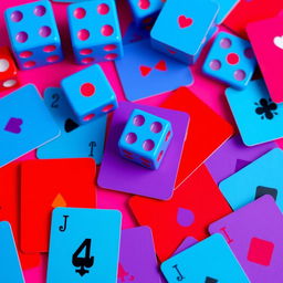 A collection of flat colored dice and playing cards, featuring vibrant hues of blue, red, and purple