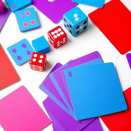 A collection of flat colored dice and playing cards, featuring vibrant hues of blue, red, and purple